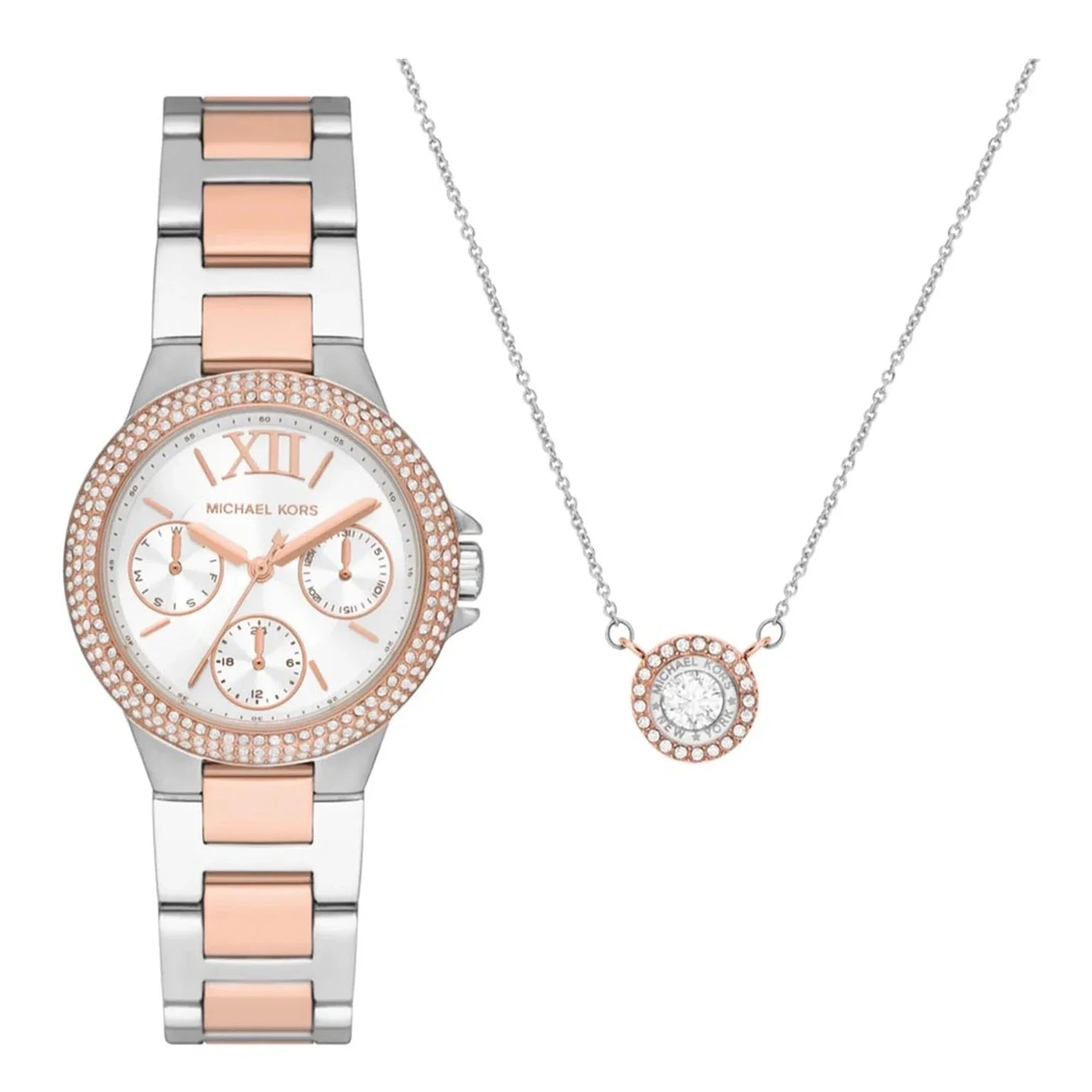  Shop Authentic Michael Kors Camille Multifunction White Dial Two Tone Steel Strap Watch for Women - MK1054 - Luxxuri