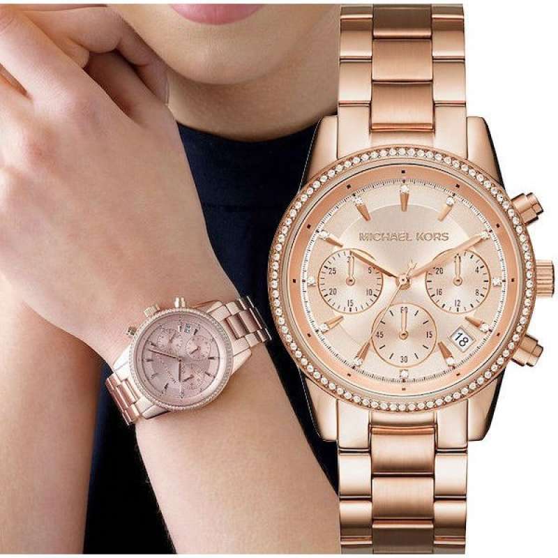  Shop Authentic Michael Kors Ritz Chronograph Rose Gold Dial Rose Gold Steel Strap Watch for Women - MK6357 - Luxxuri