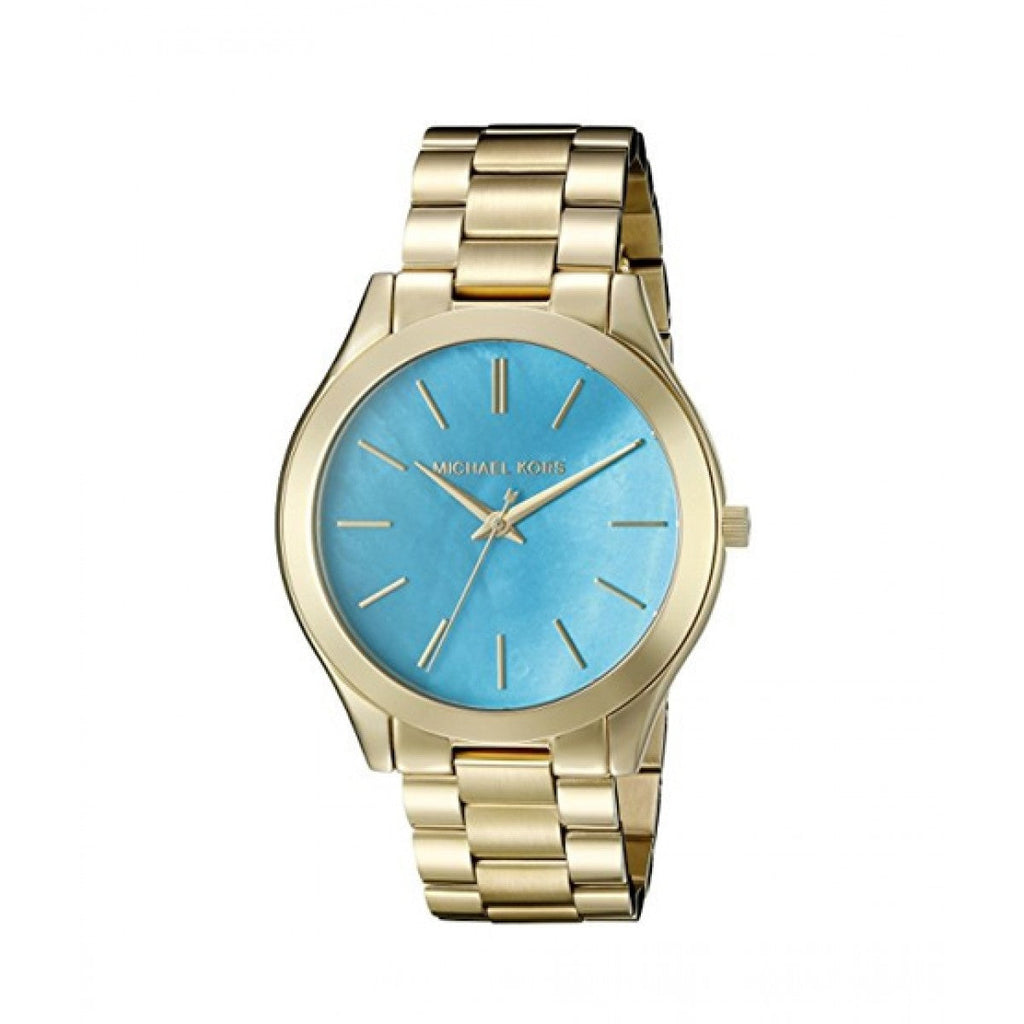  Shop Authentic Michael Kors Slim Runway Blue Mother of Pearl Dial Gold Steel Strap Watch for Women - MK3492 - Luxxuri