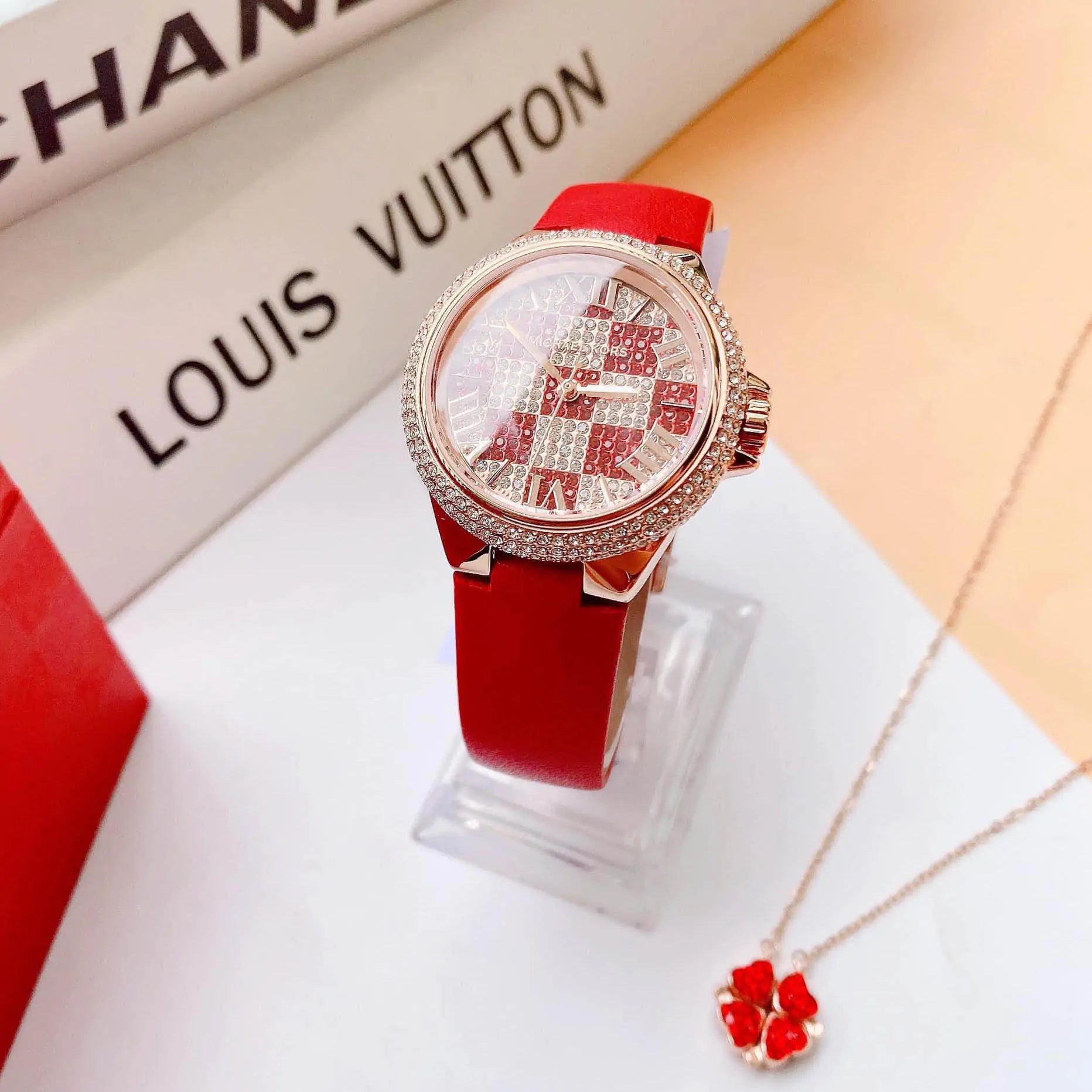 Michael Kors Camille Three Hand Crystals Rose Gold Dial Red Leather Strap Watch For Women - MK4701