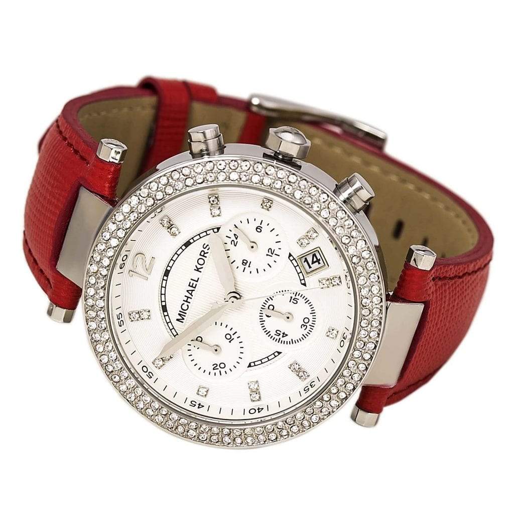  Shop Authentic Michael Kors Parker Silver Dial Red Leather Strap Watch for Women - MK2278 - Luxxuri