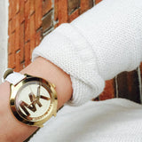  Shop Authentic Michael Kors Slim Runway Quartz Gold Dial White Leather Strap Watch For Women - MK2389 - Luxxuri
