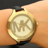  Shop Authentic Michael Kors Slim Runway Quartz Gold Dial Black Leather Strap Watch For Women - MK2392 - Luxxuri