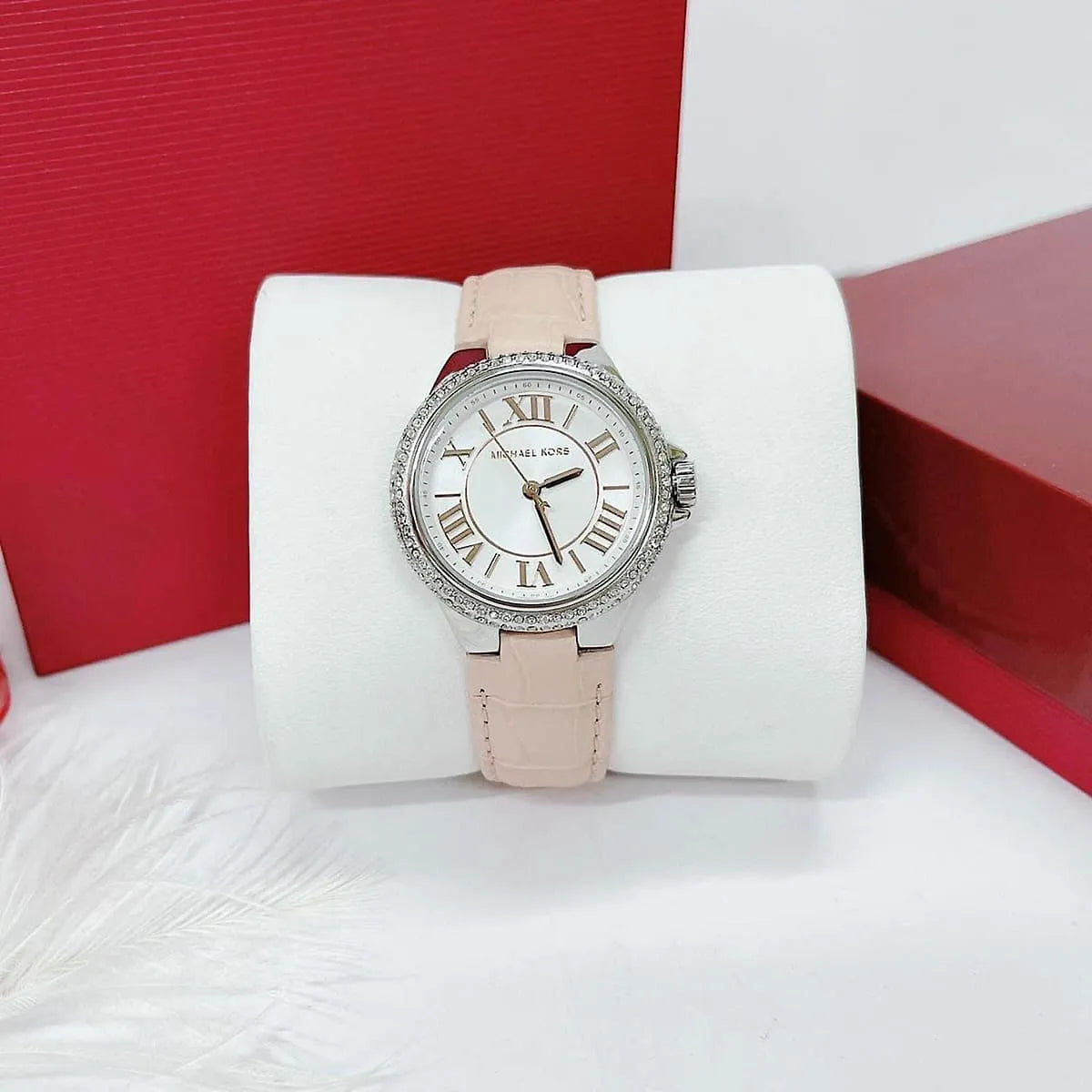  Shop Authentic Michael Kors Camille Three-Hand Crystals White Dial Pink Leather Strap Watch for Women - MK2963 - Luxxuri