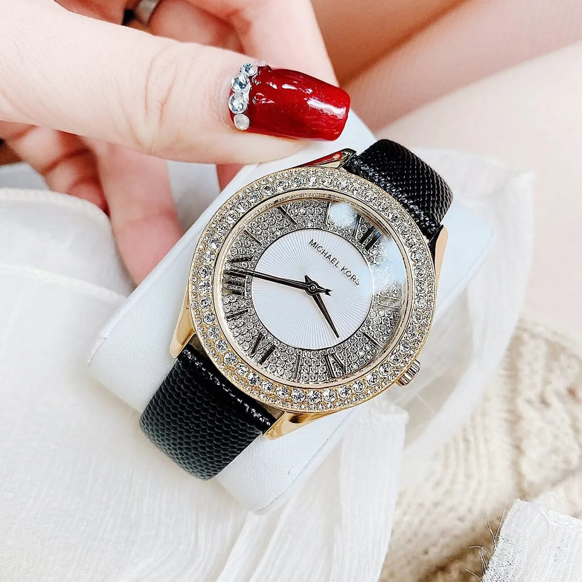  Shop Authentic Michael Kors Harlowe Analog White Dial Black Leather Strap Watch For Women - MK2988 - Luxxuri