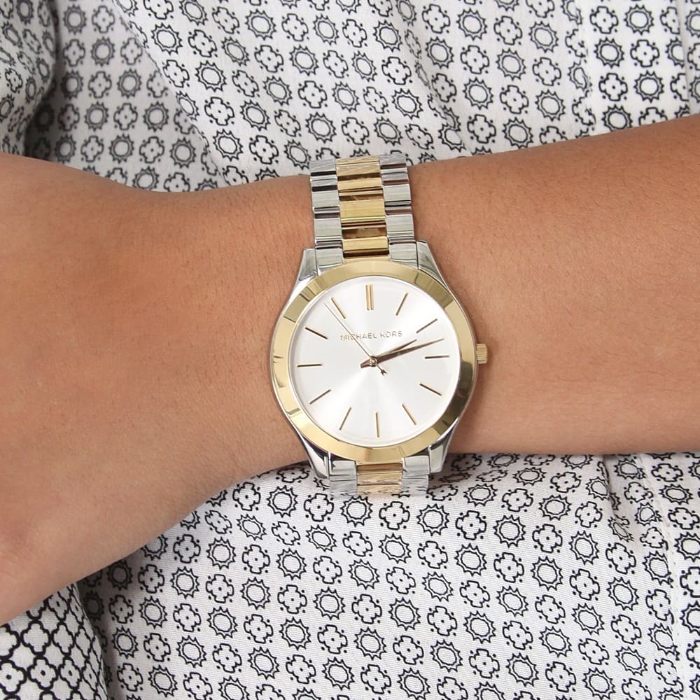 Michael Kors Runway Slim Silver Dial Two Tone Stainless Steel Strap Watch for Women - MK3198