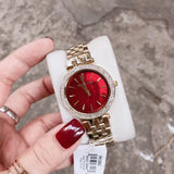  Shop Authentic Michael Kors Darci Quartz Mother of Pearl Red Dial Gold Steel Strap Watch For Women - MK3583 - Luxxuri