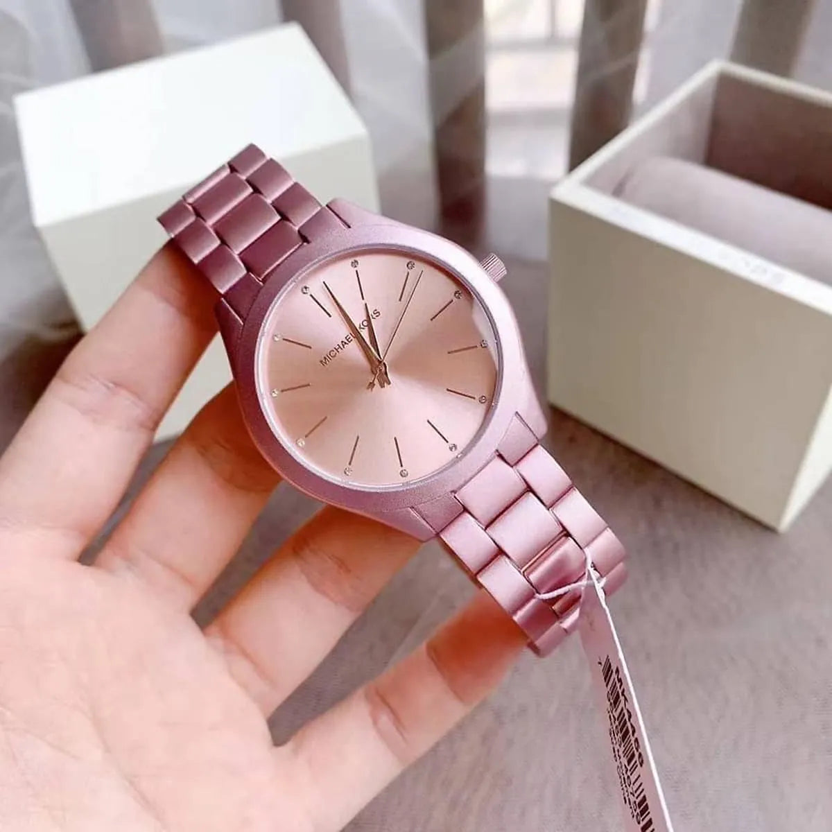  Shop Authentic Michael Kors Slim Runway Pink Dial Pink Steel Strap Watch For Women - MK4456 - Luxxuri