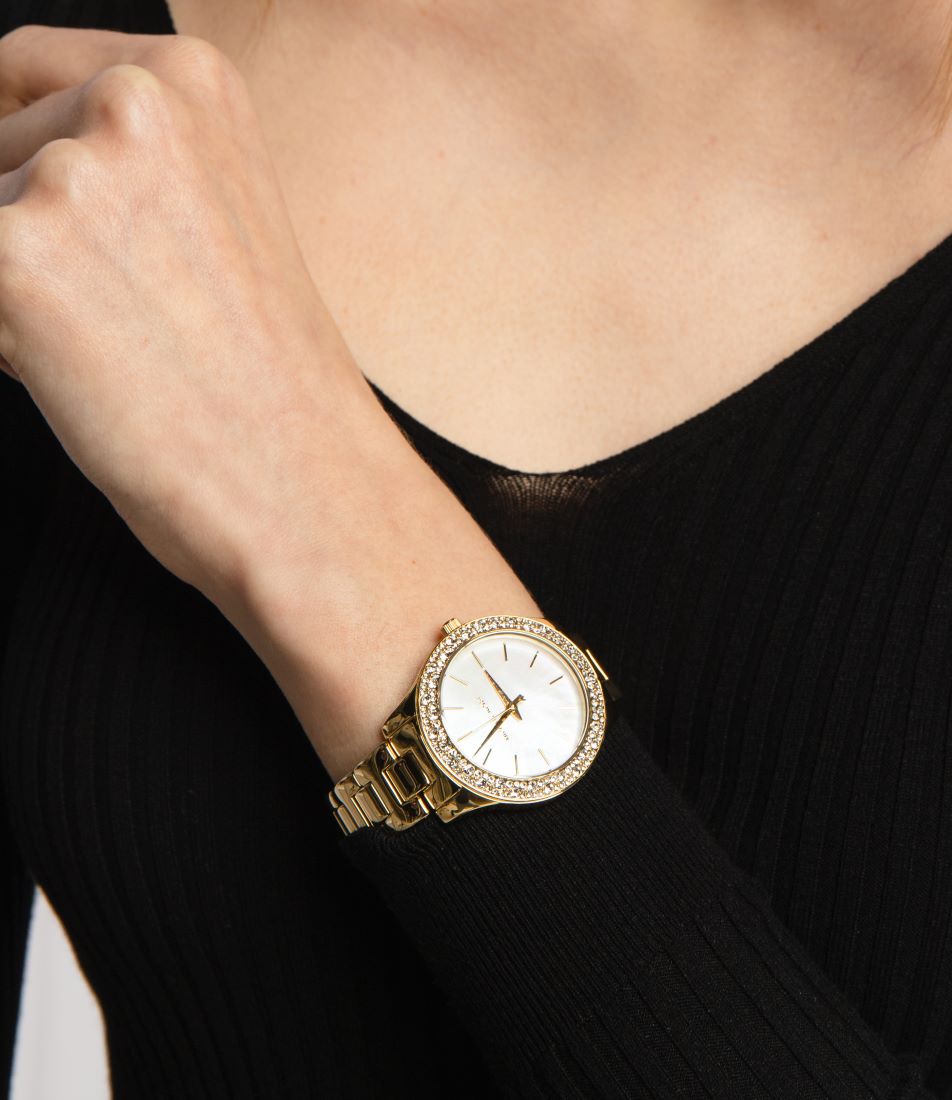  Shop Authentic Michael Kors Liliane Mother of Pearl White Dial Gold Steel Strap Watch For Women - MK4555 - Luxxuri