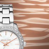  Shop Authentic Michael Kors Liliane Three Hand Mother of Pearl White Dial Silver Steel Strap Watch For Women - MK4556 - Luxxuri