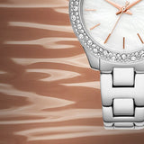 Shop Authentic Michael Kors Liliane Three Hand Mother of Pearl White Dial Silver Steel Strap Watch For Women - MK4556 - Luxxuri
