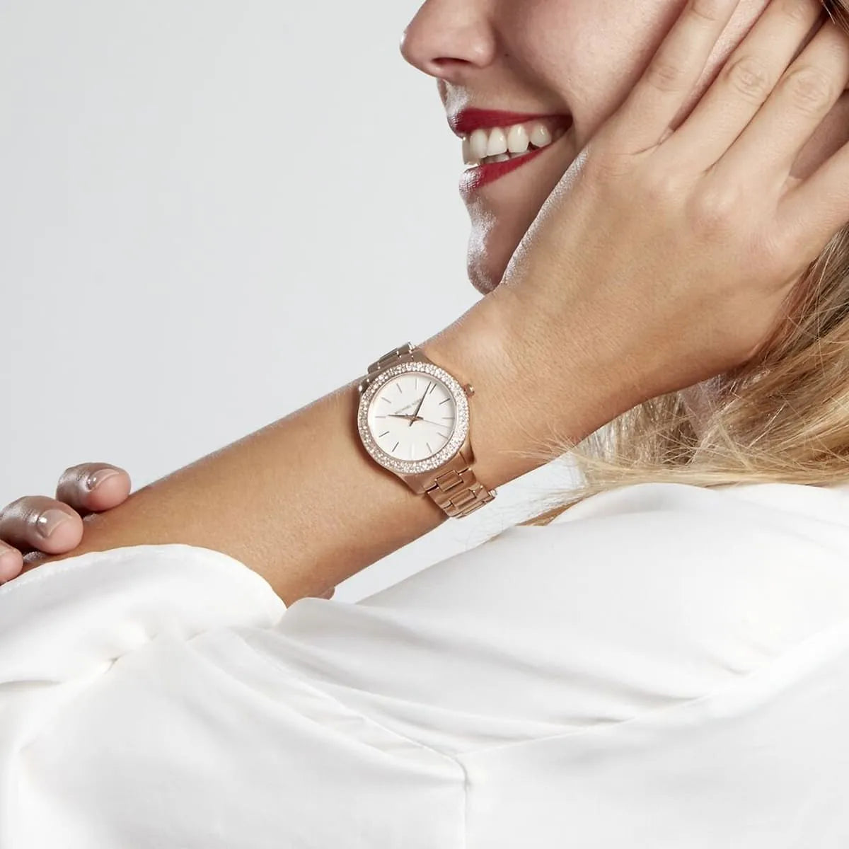  Shop Authentic Michael Kors Lilane Three Hand Mother of Pearl White Dial Rose Gold Steel Strap Watch For Women - MK4557 - Luxxuri