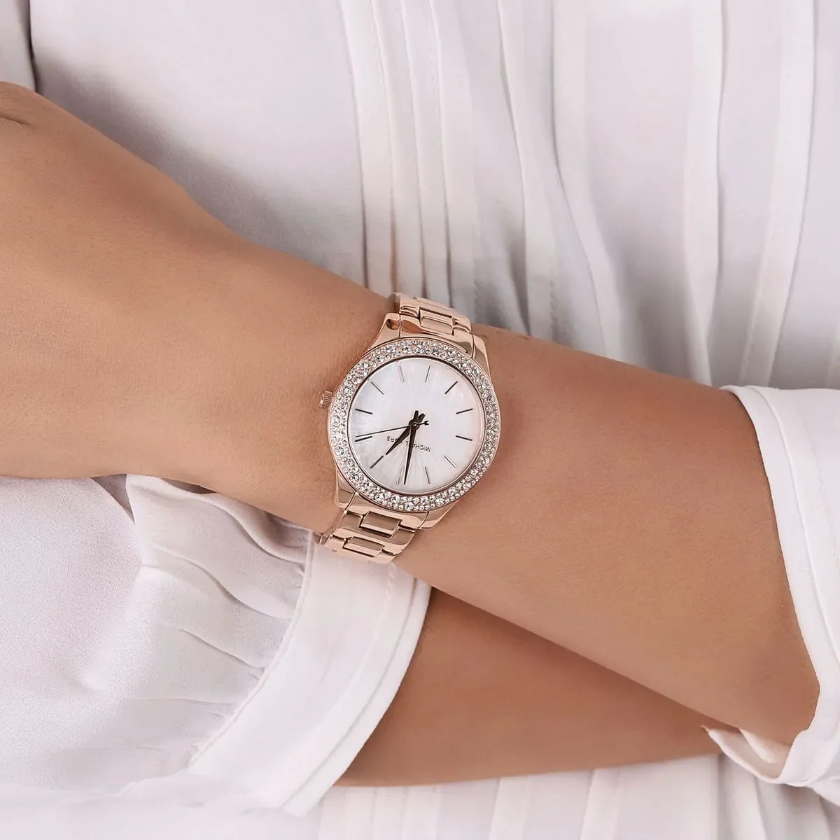  Shop Authentic Michael Kors Lilane Three Hand Mother of Pearl White Dial Rose Gold Steel Strap Watch For Women - MK4557 - Luxxuri