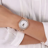  Shop Authentic Michael Kors Lilane Three Hand Mother of Pearl White Dial Rose Gold Steel Strap Watch For Women - MK4557 - Luxxuri