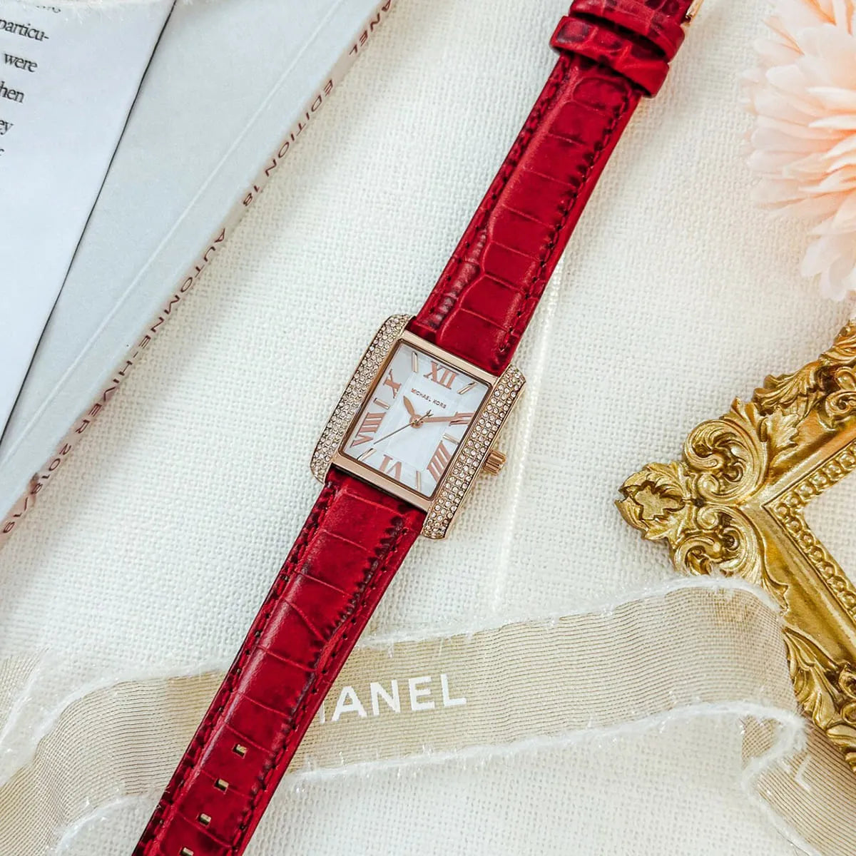  Shop Authentic Michael Kors Emery Quartz Diamonds Silver Dial Red Leather Strap Watch For Women - MK4689 - Luxxuri