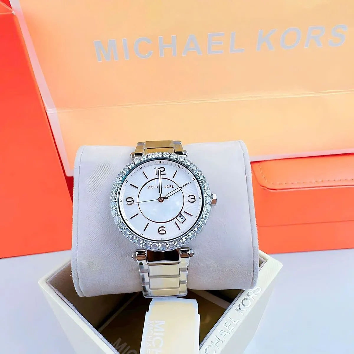  Shop Authentic Michael Kors Parker Three Hand Mother of Pearl White Dial Silver Steel Strap Watch For Women - MK4694 - Luxxuri