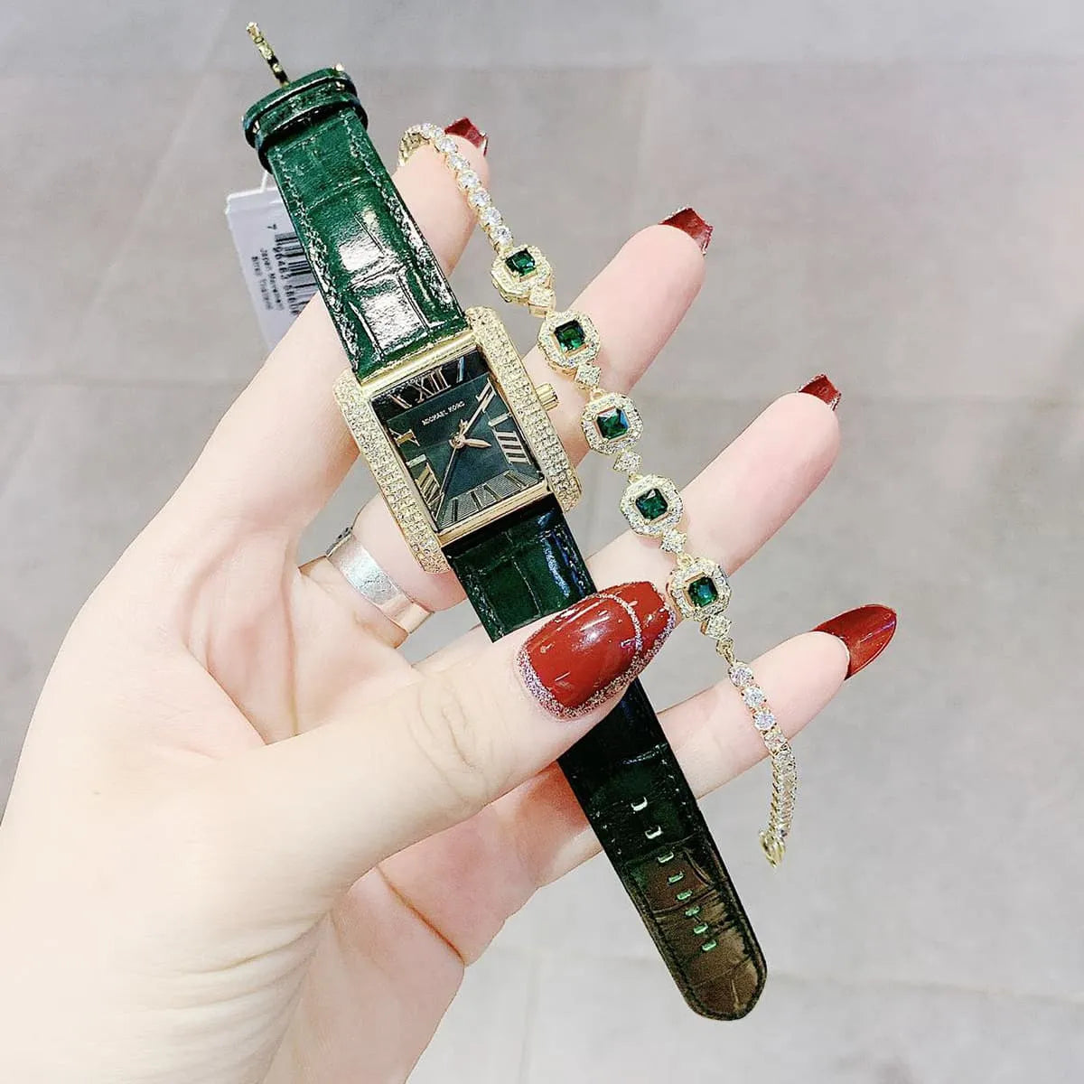  Shop Authentic Michael Kors Emery Quartz Diamonds Green Dial Green Leather Strap Watch For Women - MK4697 - Luxxuri