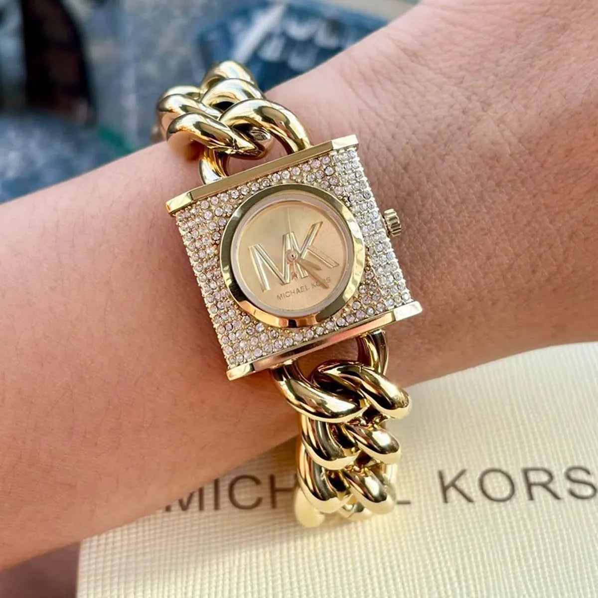  Shop Authentic Michael Kors Chain Lock Pave Gold Dial Gold Steel Strap Watch For Women - MK4711 - Luxxuri