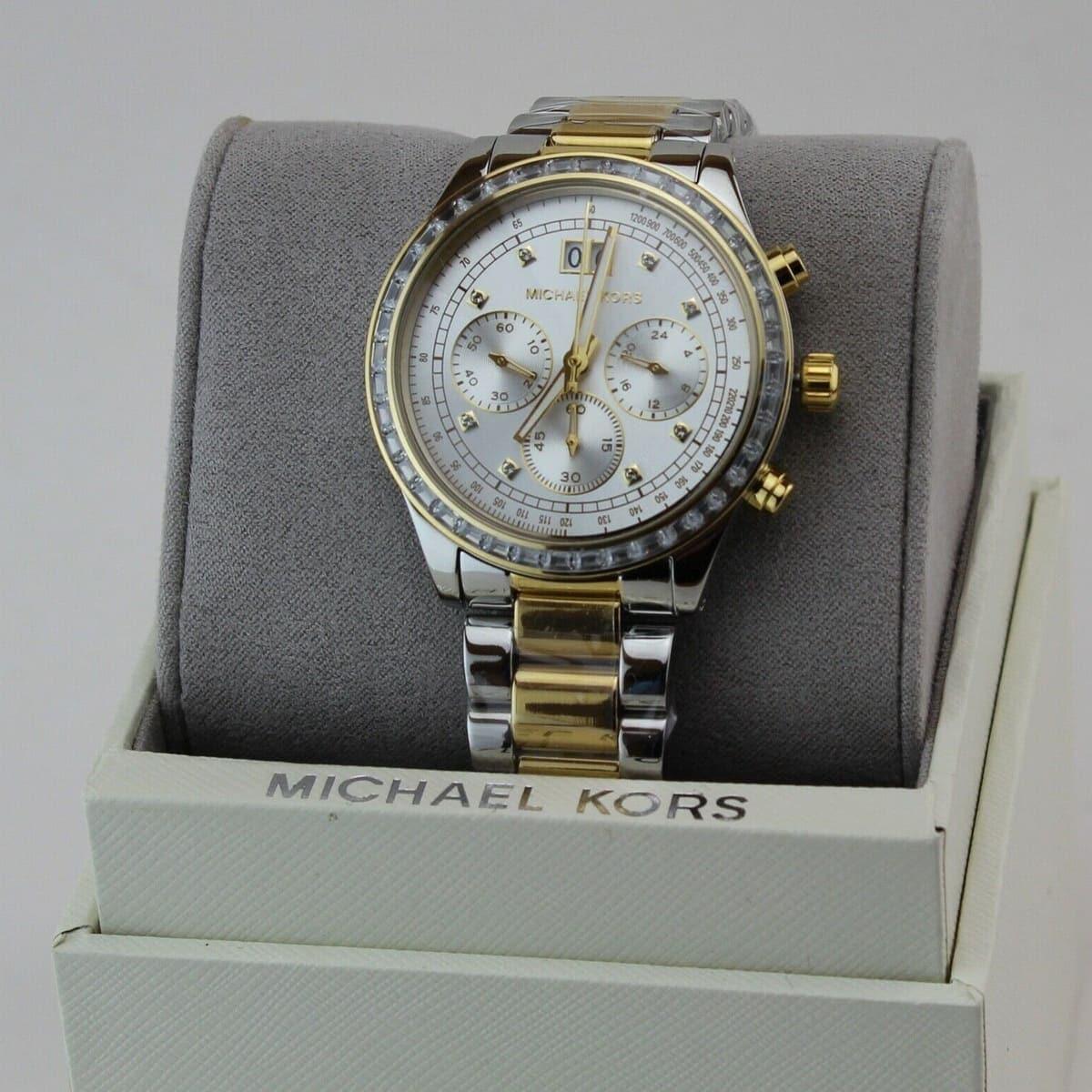 Shop Authentic Michael Kors Brinkley Chronograph Silver Dial Two Tone Steel Strap Watch for Women - MK6188 - Luxxuri