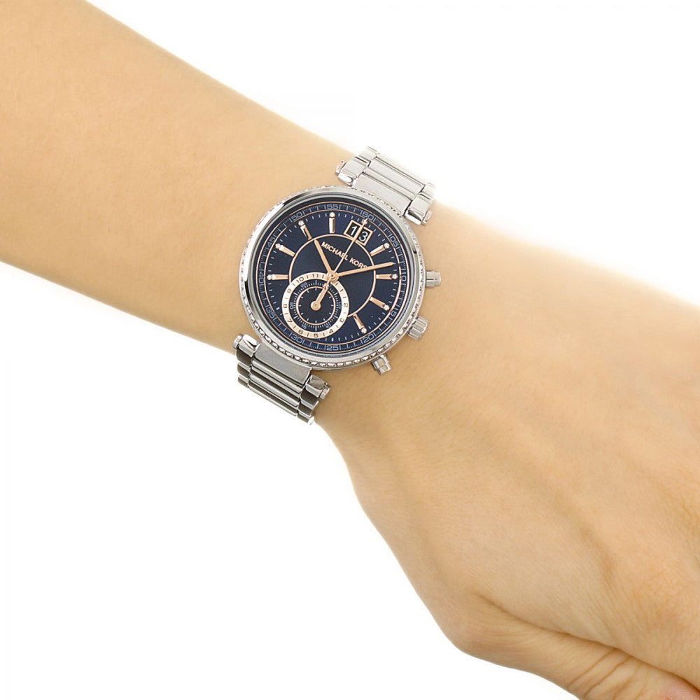  Shop Authentic Michael Kors Sawyer Navy Blue Dial Silver Steel Strap Watch for Women - MK6224 - Luxxuri