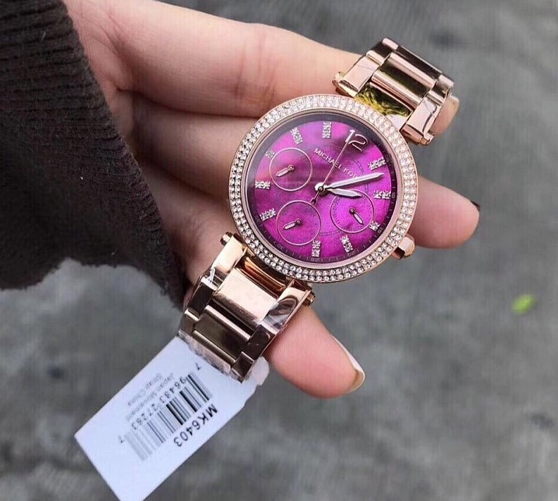  Shop Authentic Michael Kors Mini Parker Multi-Function Plum Mother of Pearl Dial Rose Gold Steel Strap Watch For Women - MK6403 - Luxxuri