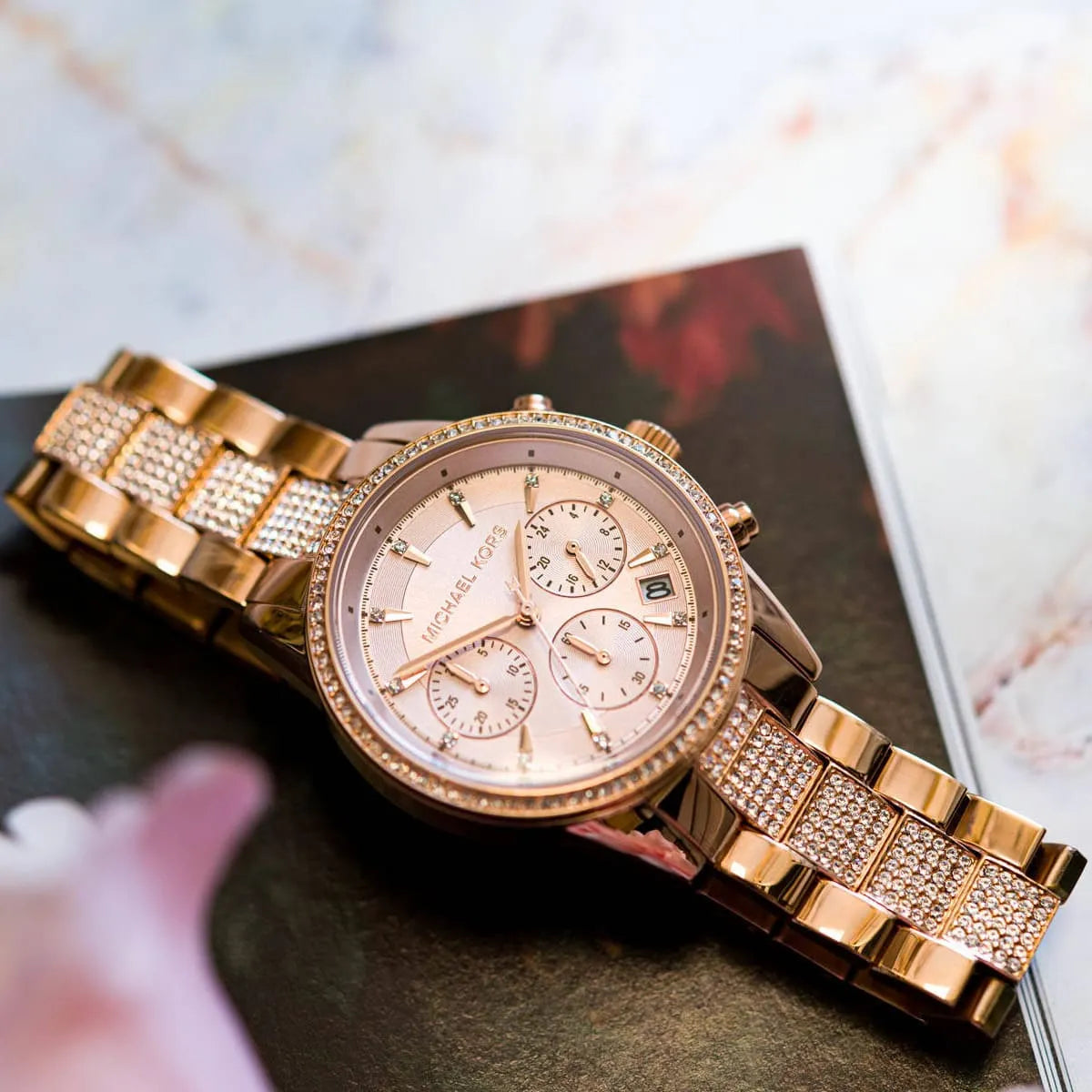  Shop Authentic Michael Kors Ritz Chronograph Rose Gold Dial Rose Gold Steel Strap Watch For Women - MK6485 - Luxxuri
