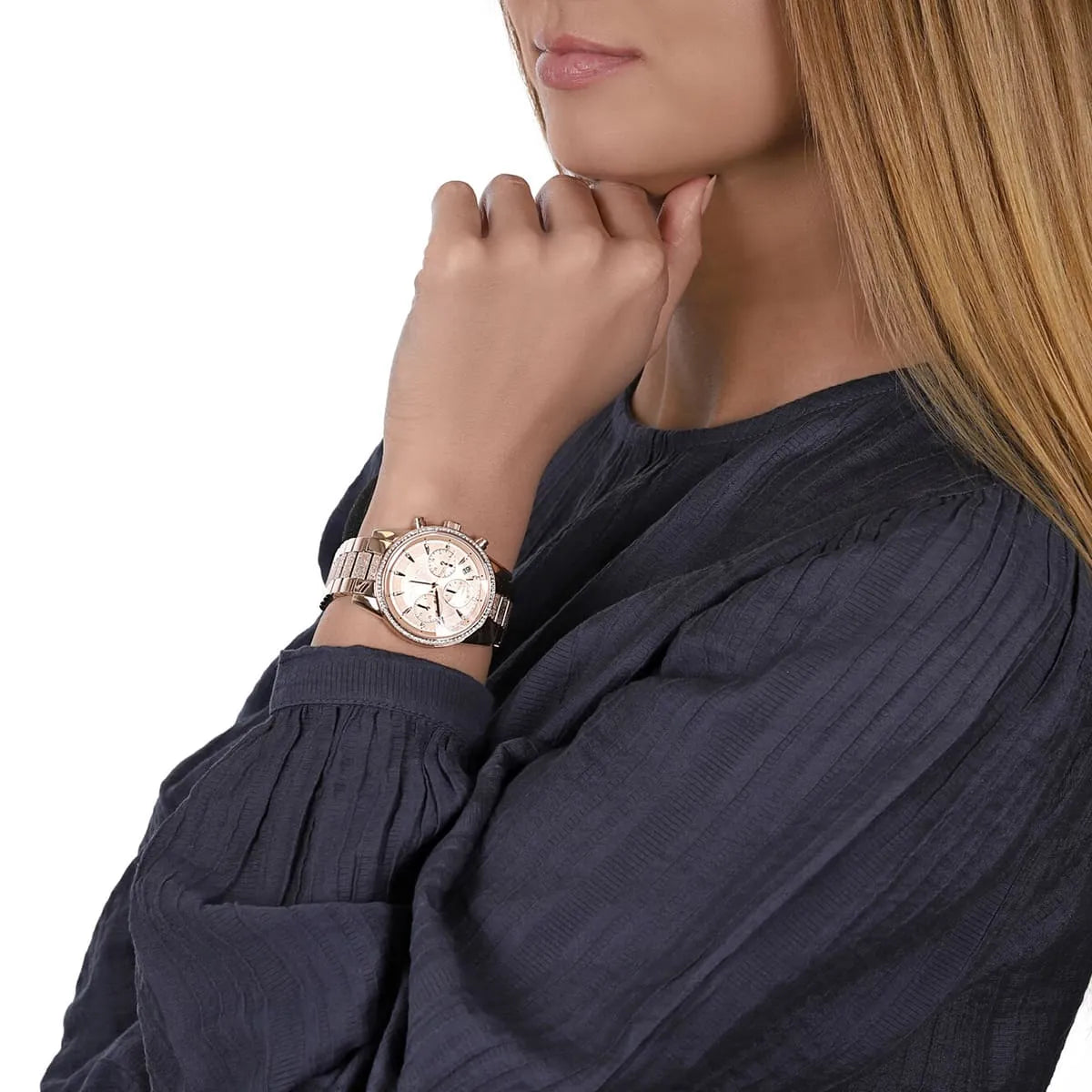  Shop Authentic Michael Kors Ritz Chronograph Rose Gold Dial Rose Gold Steel Strap Watch For Women - MK6598 - Luxxuri