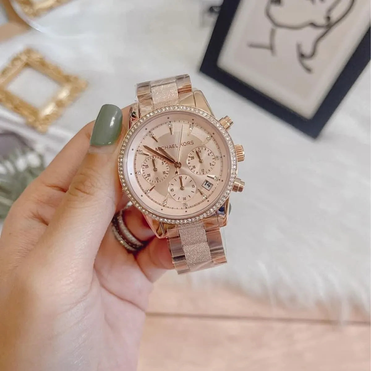  Shop Authentic Michael Kors Ritz Chronograph Rose Gold Dial Rose Gold Steel Strap Watch For Women - MK6598 - Luxxuri