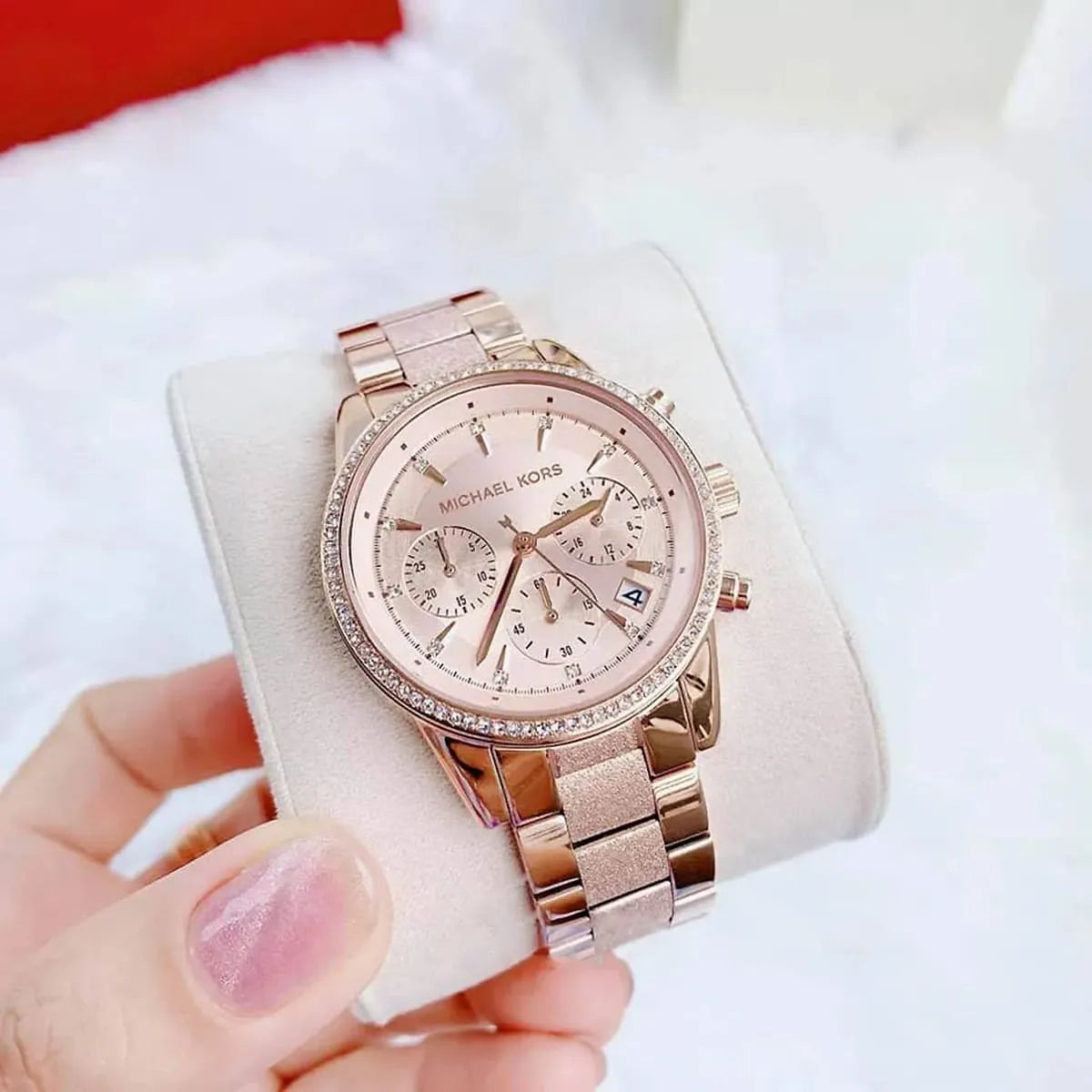  Shop Authentic Michael Kors Ritz Chronograph Rose Gold Dial Rose Gold Steel Strap Watch For Women - MK6598 - Luxxuri