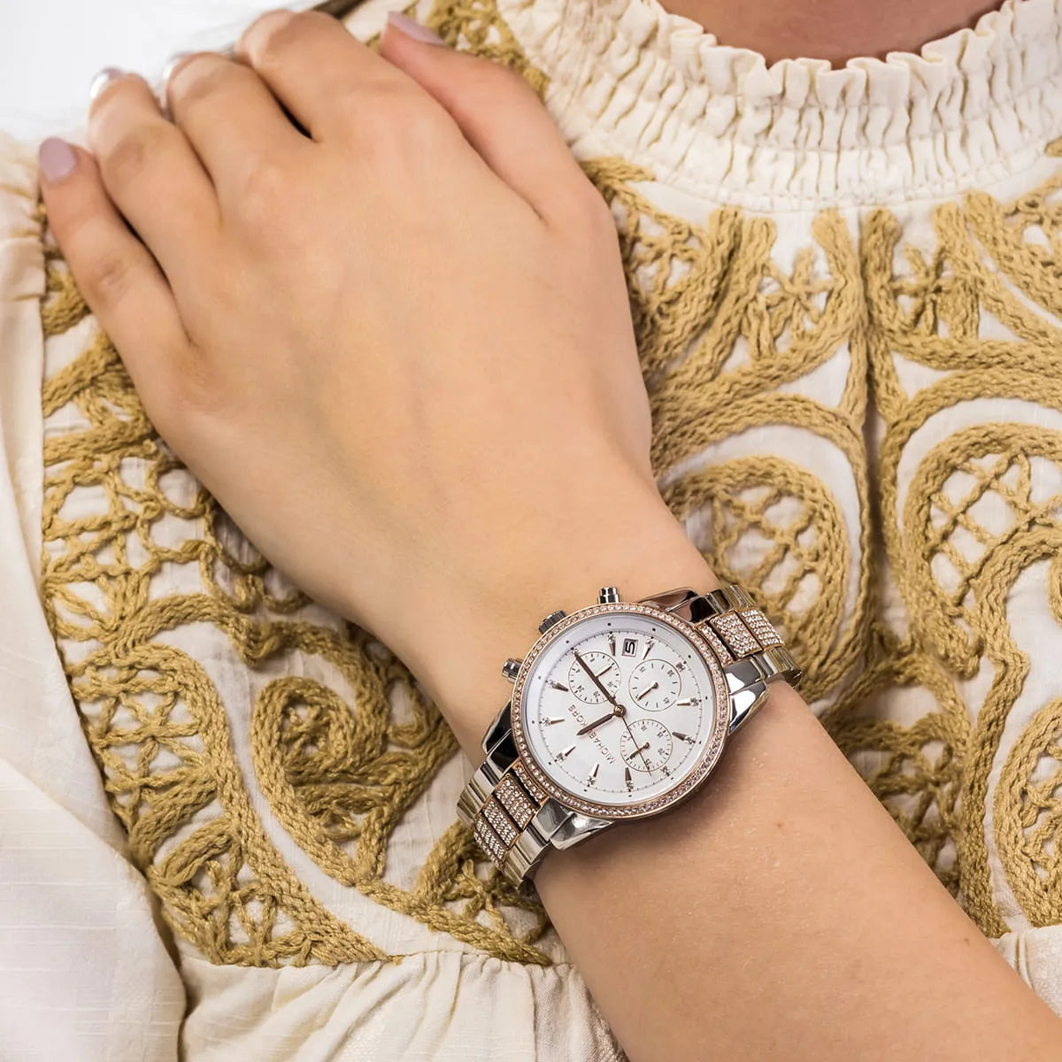  Shop Authentic Michael Kors Ritz Chronograph White Dial Two Tone Steel Strap Watch For Women - MK6651 - Luxxuri