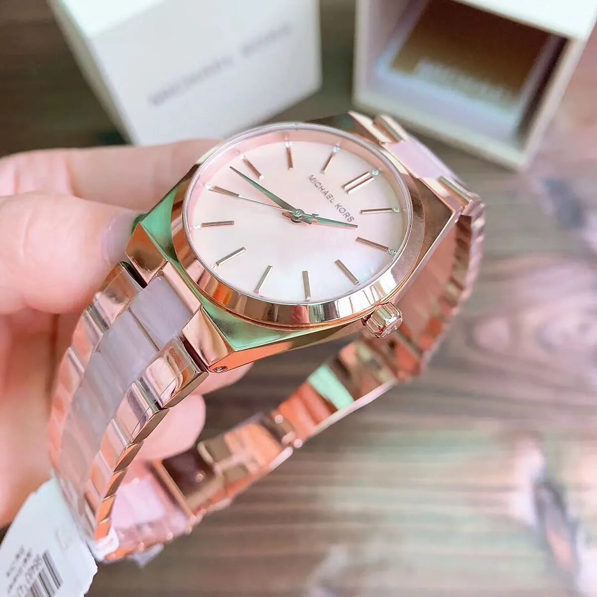  Shop Authentic Michael Kors Channing Quartz Mother of Pearl Pink Dial Two Tone Steel Strap Watch For Women - MK6652 - Luxxuri