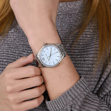  Shop Authentic Michael Kors Layton Chronograph Mother of Pearl Blue Dial Silver Steel Strap Watch For Women - MK6847 - Luxxuri