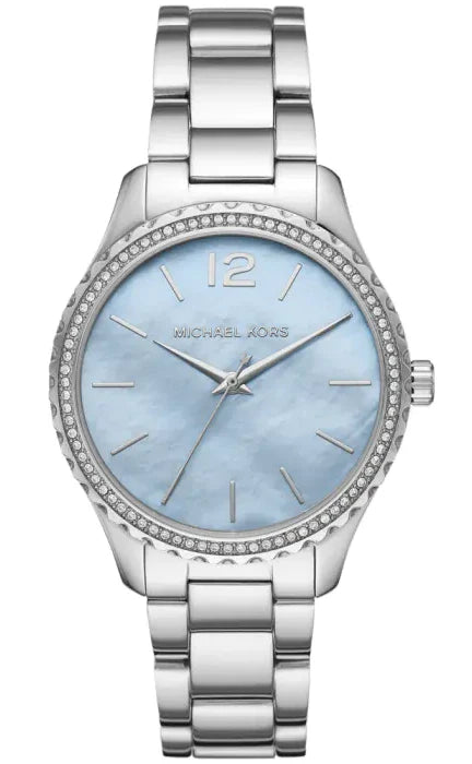  Shop Authentic Michael Kors Layton Chronograph Mother of Pearl Blue Dial Silver Steel Strap Watch For Women - MK6847 - Luxxuri