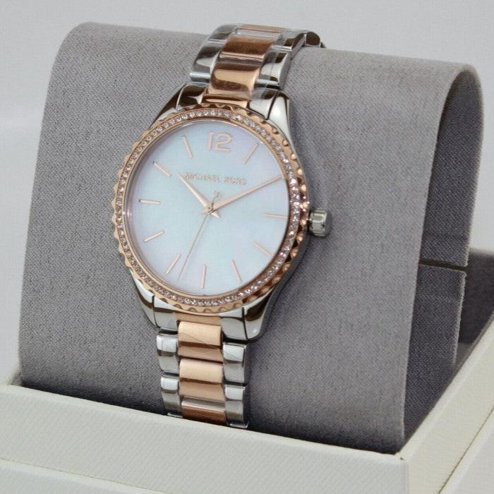 Shop Authentic Michael Kors Layton Three Hand Mother of Pearl White Dial Two Tone Steel Strap Watch For Women - MK6849 - Luxxuri