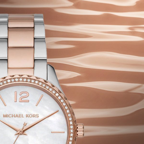  Shop Authentic Michael Kors Layton Three Hand Mother of Pearl White Dial Two Tone Steel Strap Watch For Women - MK6849 - Luxxuri