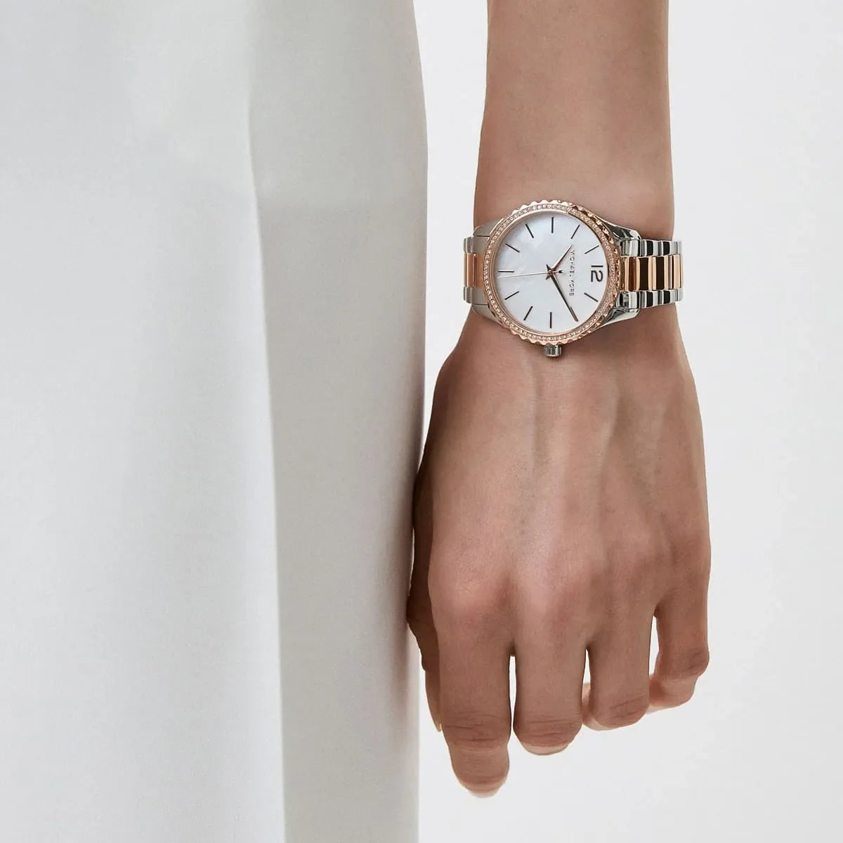  Shop Authentic Michael Kors Layton Three Hand Mother of Pearl White Dial Two Tone Steel Strap Watch For Women - MK6849 - Luxxuri