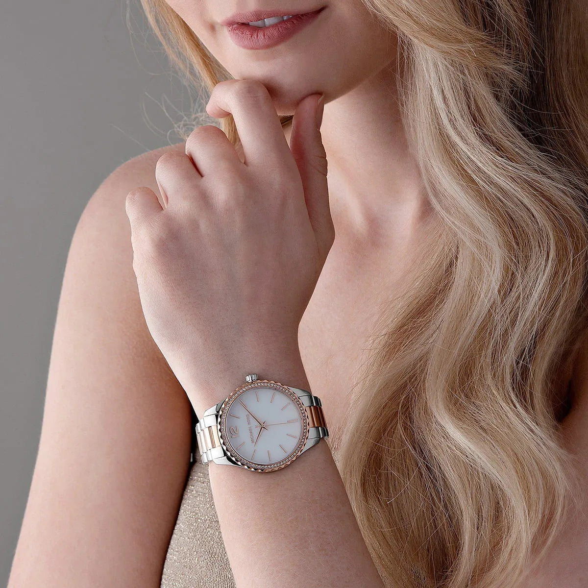  Shop Authentic Michael Kors Layton Three Hand Mother of Pearl White Dial Two Tone Steel Strap Watch For Women - MK6849 - Luxxuri