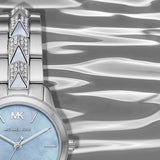  Shop Authentic Michael Kors Runway Mercer Quartz Mother of Pearl Blue Dial Silver Steel Strap Watch For Women - MK6857 - Luxxuri
