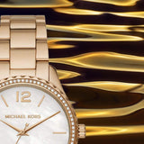  Shop Authentic Michael Kors Layton Three Hand Mother of Pearl White Dial Gold Steel Strap Watch For Women - MK6870 - Luxxuri