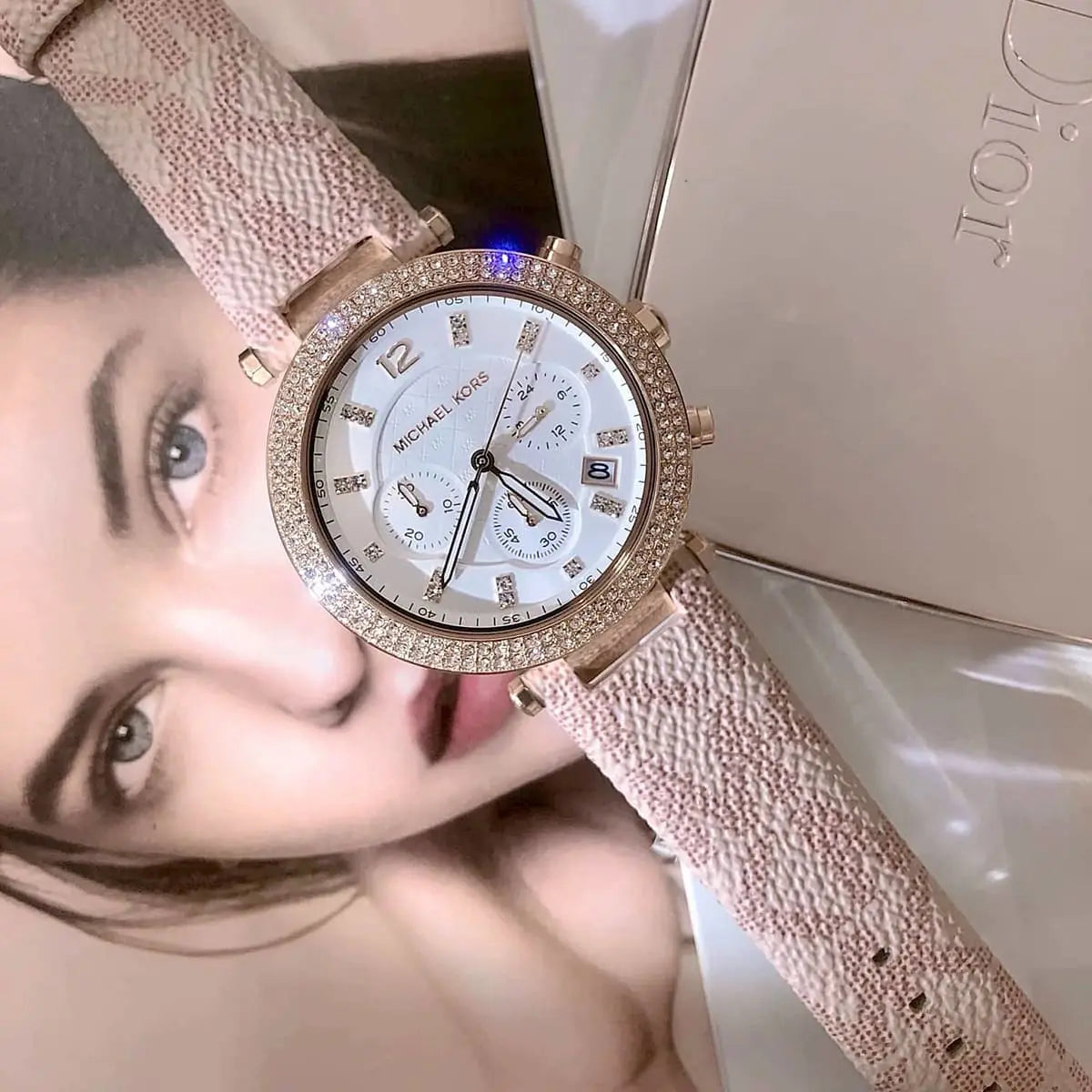  Shop Authentic Michael Kors Parker Chronograph White Dial Pink Leather Strap Watch For Women - MK6935 - Luxxuri