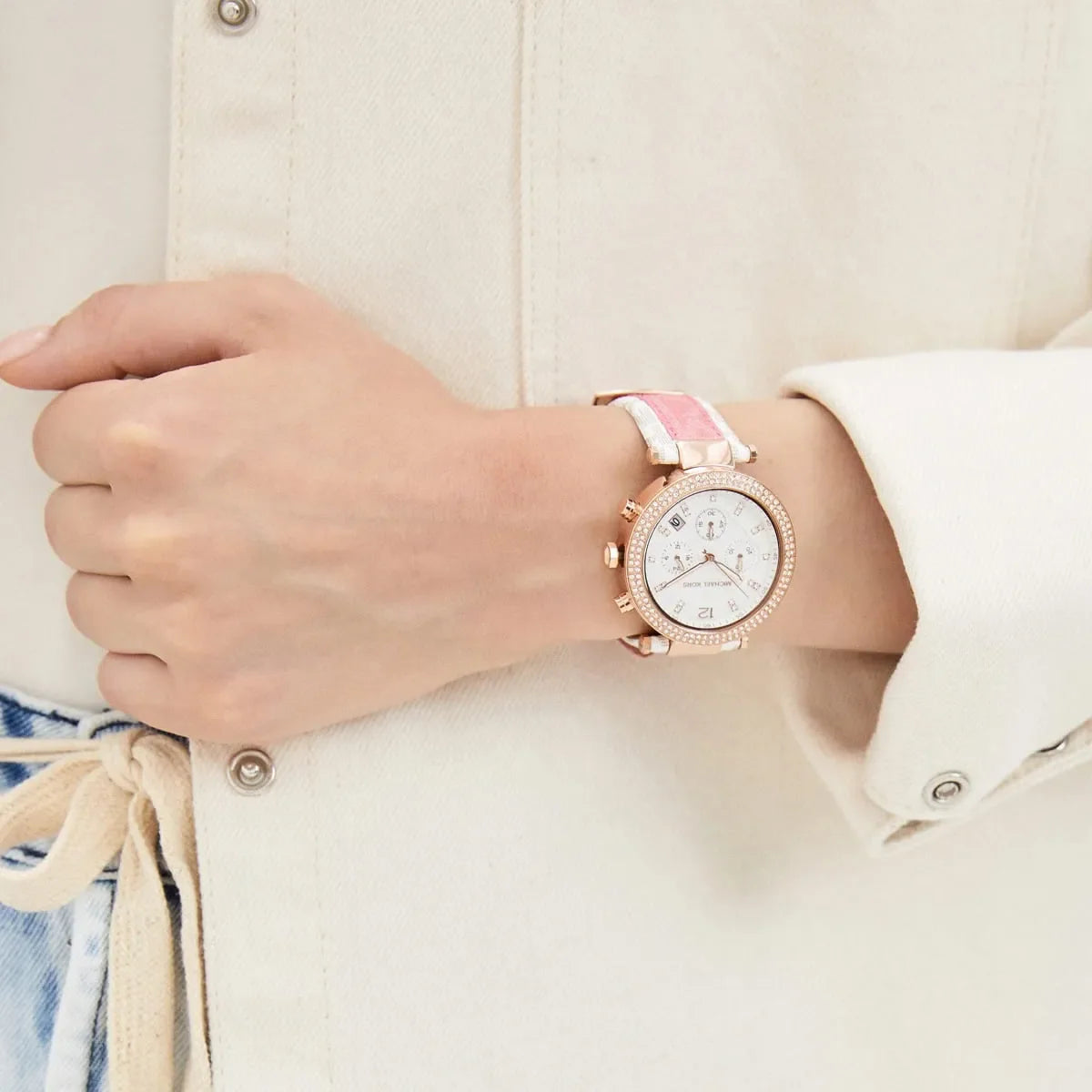  Shop Authentic Michael Kors Parker Chronograph White Dial Two Tone Leather Strap Watch For Women - MK6951 - Luxxuri