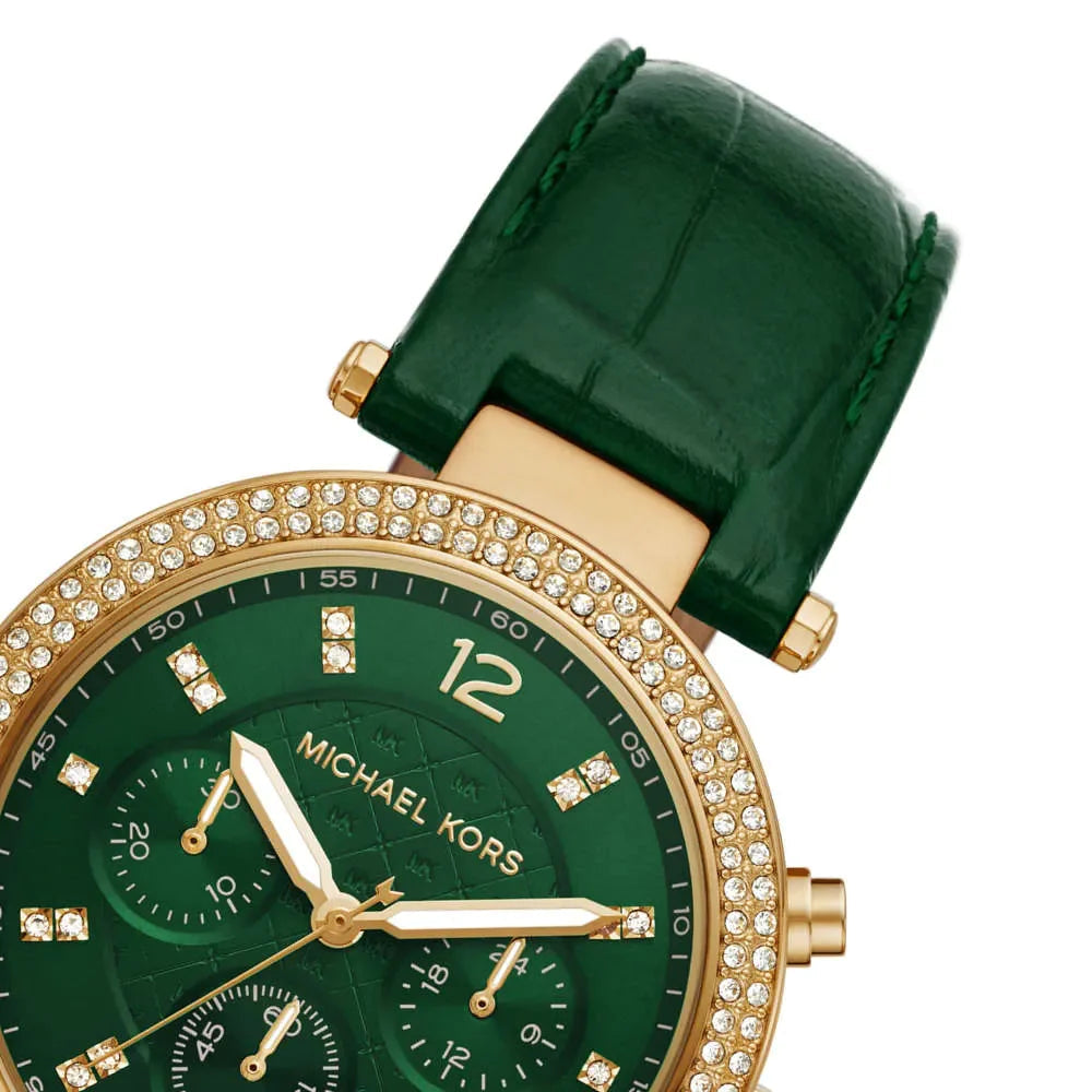  Shop Authentic Michael Kors Parker Chronograph Green Dial Green Leather Strap Watch For Women - MK6985 - Luxxuri