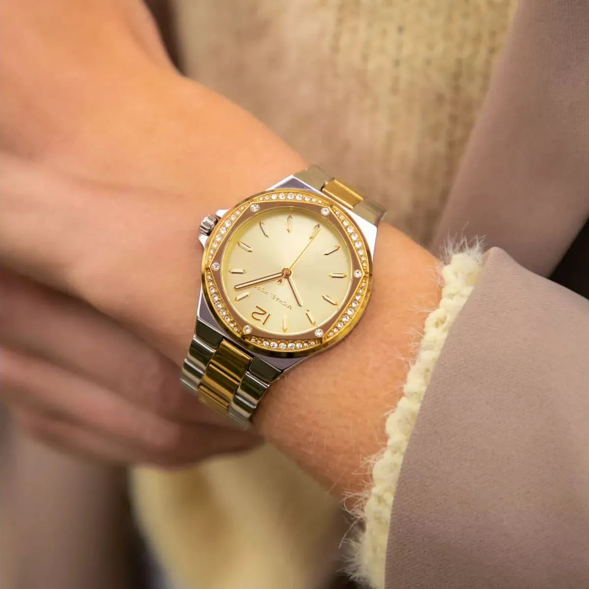  Shop Authentic Michael Kors Lennox Three-Hand Gold Dial Two Tone Steel Strap Watch For Women  - MK6988 - Luxxuri