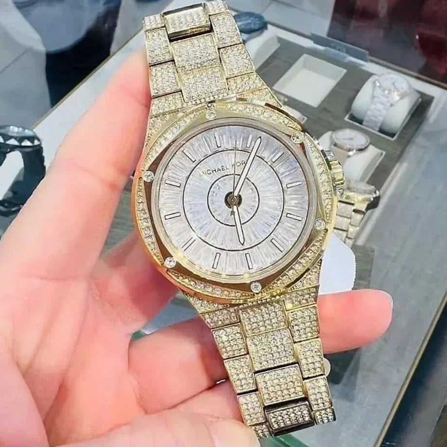  Shop Authentic Michael Kors Lennox Three Hand Crystals White Dial Gold Steel Strap Watch For Women - MK6991 - Luxxuri