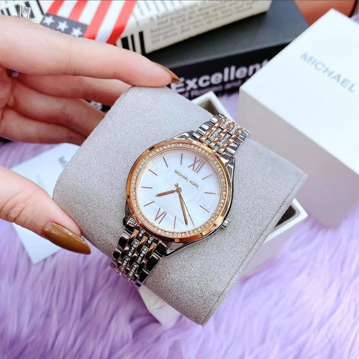  Shop Authentic Michael Kors Mindy Three Hand White Dial Two Tone Steel Strap Watch For Women - MK7077 - Luxxuri