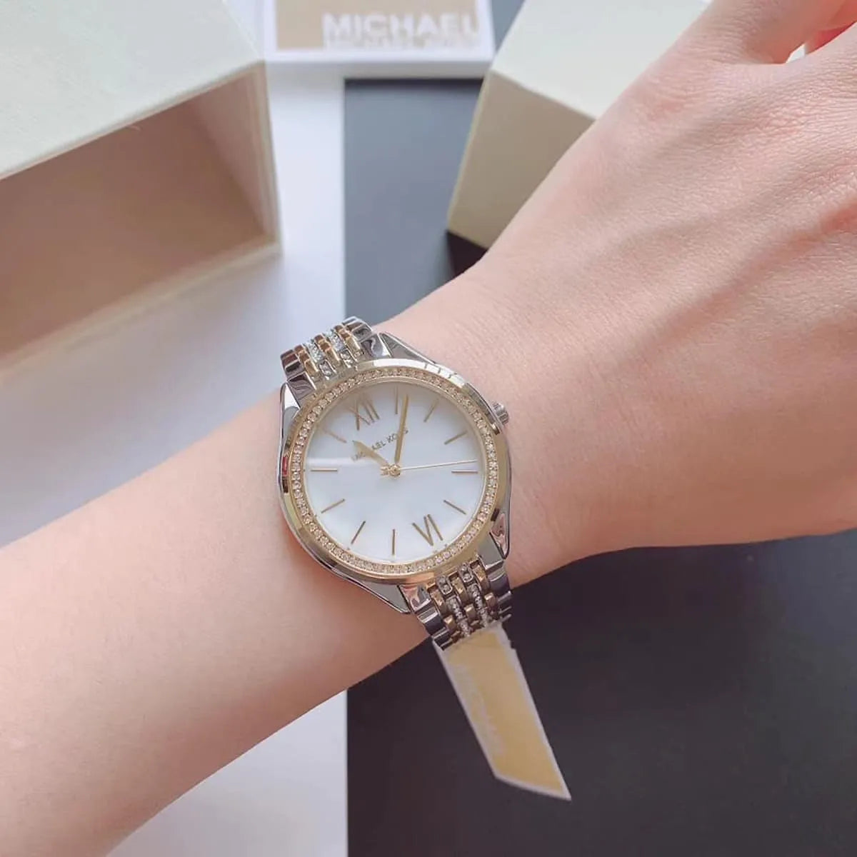  Shop Authentic Michael Kors Mindy Three Hand White Dial Two Tone Steel Strap Watch For Women - MK7084 - Luxxuri