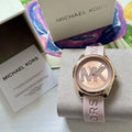  Shop Authentic Michael Kors Janelle Three Hand Rose Gold Dial Pink Rubber Strap Watch For Women - MK7139 - Luxxuri