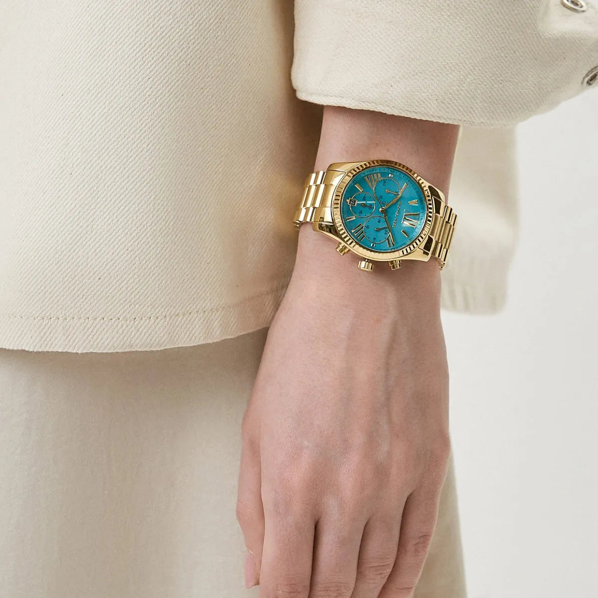  Shop Authentic Michael Kors Lexington Chronograph Blue Dial Gold Steel Strap Watch For Women - MK7216 - Luxxuri