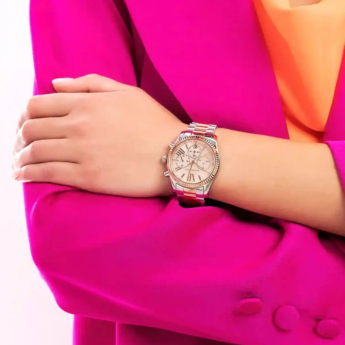  Shop Authentic Michael Kors Lexington Chronograph Rose Gold Dial Two Tone Steel Strap Watch For Women - MK7219 - Luxxuri