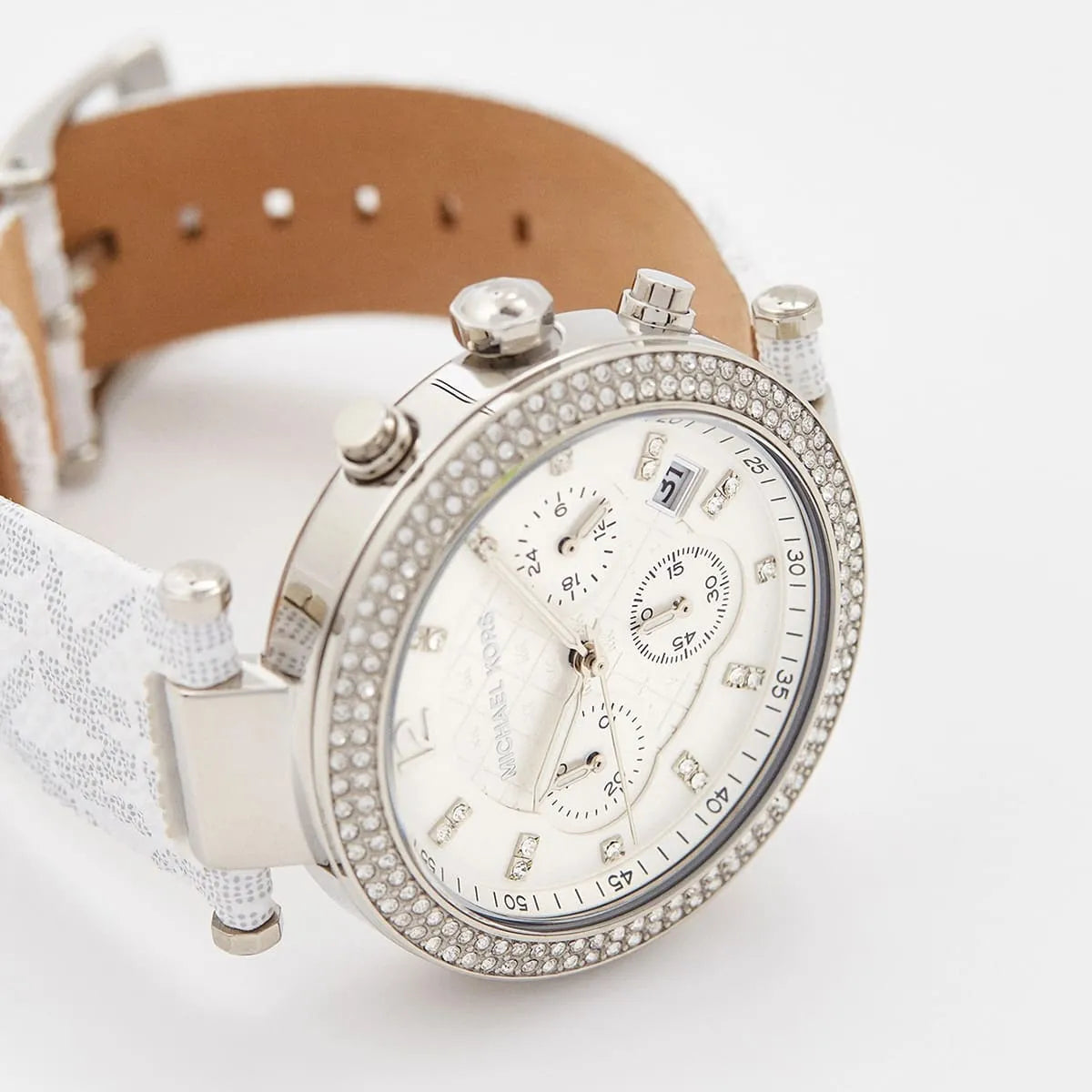  Shop Authentic Michael Kors Parker Chronograph White Dial White Leather Strap Watch For Women - MK7226 - Luxxuri